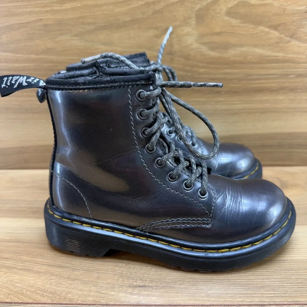 Dr Martens Little Girls Combat Boots 12 Pewter Metallic Patent Leather Zip 1460
